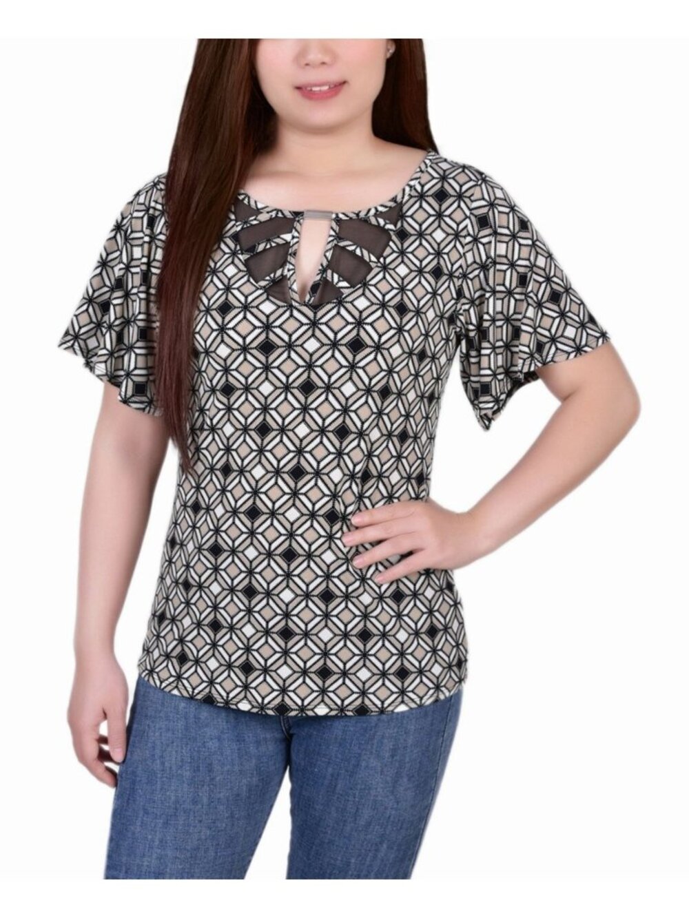 Notations Womens Petites Mesh Flutter Sleeve Knit Top Off-White Size PM NWT